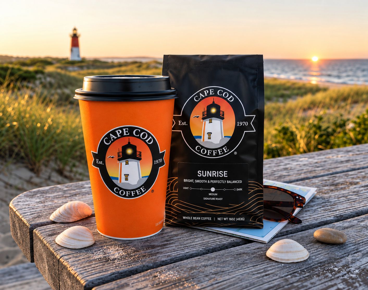 Cape Cod Coffee cup and Sunrise coffee bag by the coast