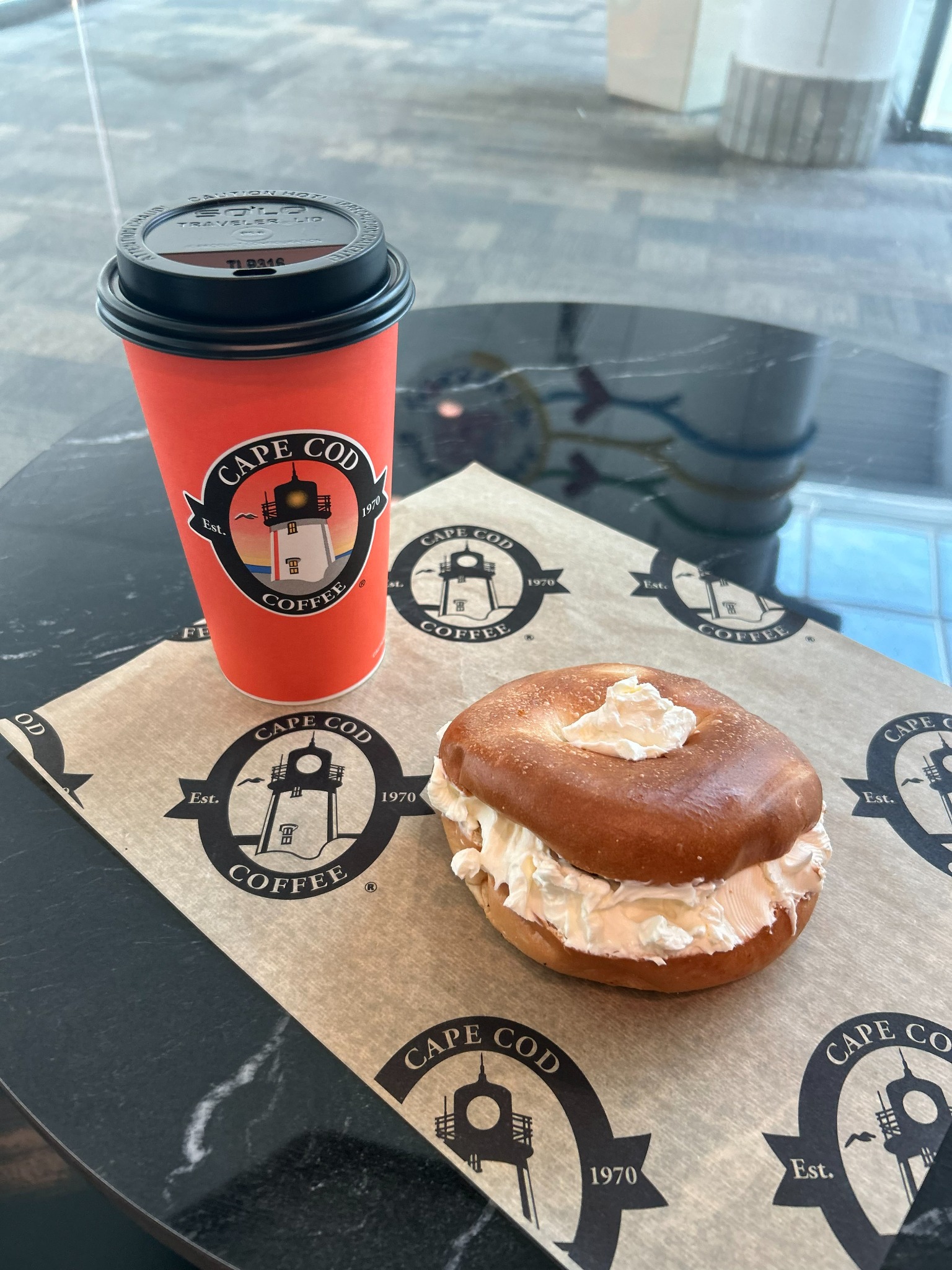 Cape Cod Coffee bagel and coffee